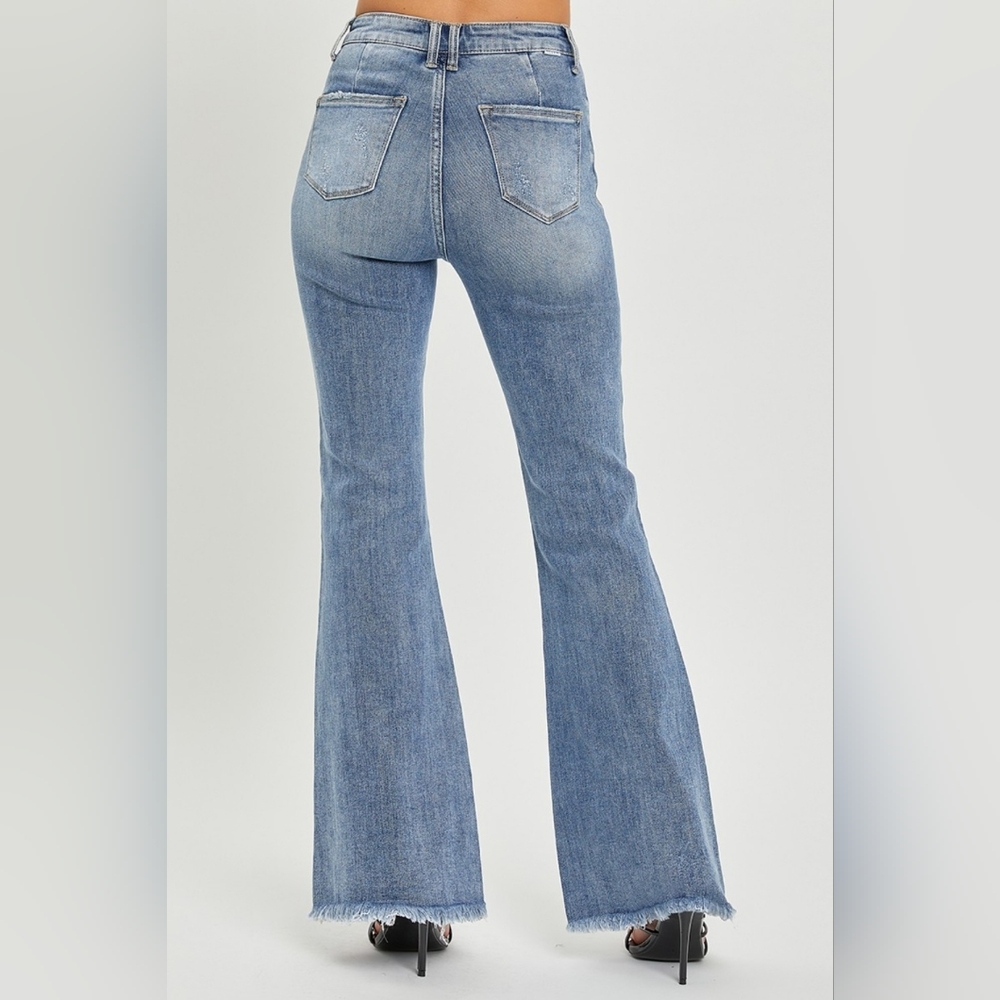RISEN Tummy Control High-Rise Slim Fit Pants Frayed Flare Hem Retro Denim Jeans - Picture 9 of 15